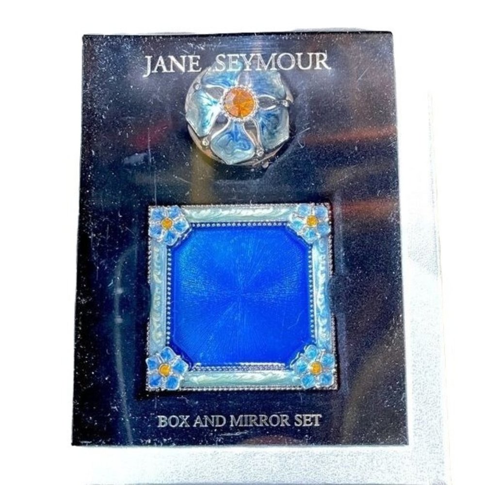 Jane Seymour Gift Set Trinket Pill Box Pocket Purse Mirror Enamel Floral Blue